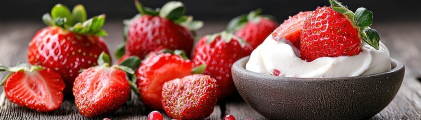 Fresh ripe strawberries and whipped cream arranged on a wooden surface
