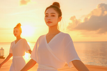 Two women in white robes practicing meditation at sunset by the ocean, radiating peace and tranquility.