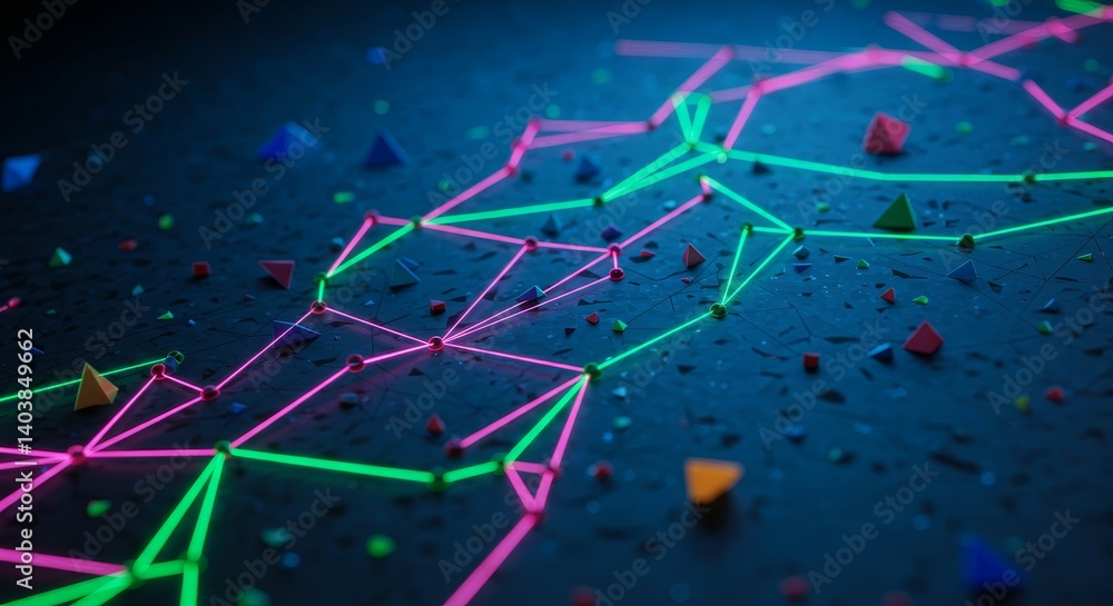 Aufkleber network connections abstract - glowing neon lines and geometric shapes form a complex network, ideal