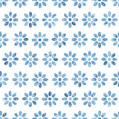 Simple watercolor pattern. Cute daisies on a white background. Blue flowers arranged in a row. Print for your textiles, packaging. Handmade.