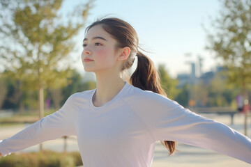 Young woman enjoying outdoor exercise, stretching arms in a sunny park, embracing freedom and wellness.