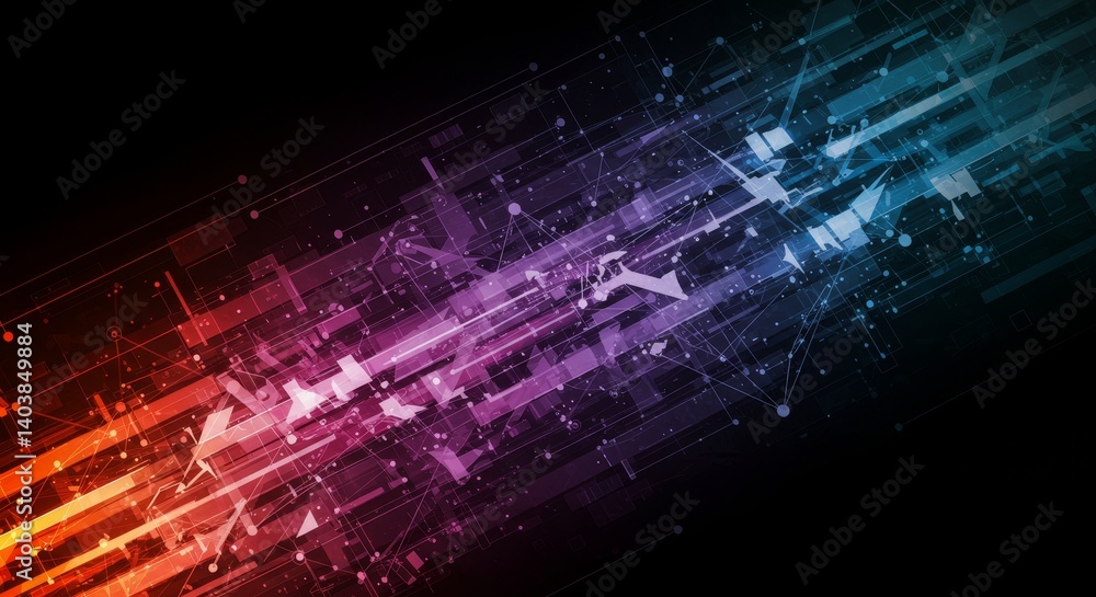 Poster network stream - abstract depicting a flowing network of data, lines, and nodes in shades of red, pu