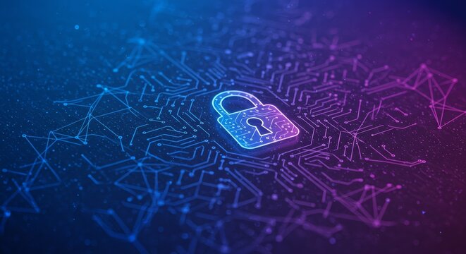 Network Security: Protecting Data in the Online World - Cybersecurity, data protection, safety, online privacy, network security. A glowing padlock symbolizes secure online experience
