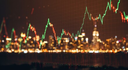 Night City Financial Market Volatility - Close-up of a fluctuating financial graph overlaid on a blurred cityscape at night. Symbolizes market risk, investment, growth, uncertainty, and global finance