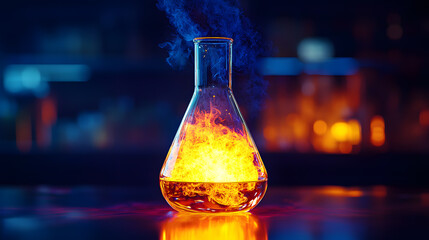 Chemical reaction flask: An abstract visual of a chemical reaction happening inside a glass flask. It captures a moment of scientific exploration and discovery.