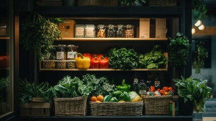 A well organized display featuring vegetables and dried goods