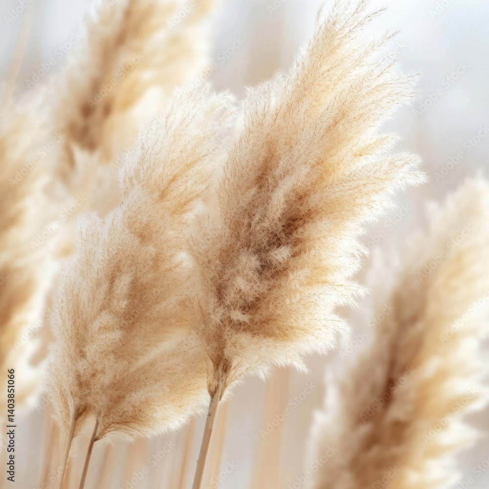 Poster serene close up of beige pampas grass plumes against a soft white background creating a minimalist a