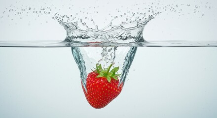 Strawberry falls into water creating a splash against a light background.