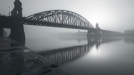Fototapeta premium Misty River Bridge: A Monochromatic Masterpiece
