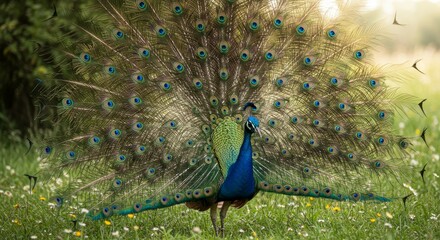 Obraz premium Peacock Displaying Vibrant Plumage in Sunny Meadow - A majestic peacock showcases its iridescent feathers in a sunlit meadow. Symbolizing beauty, pride, nature, freedom, and transformation