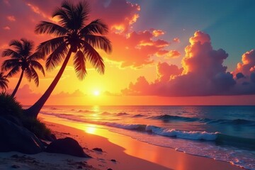 Golden sunset paints sky, palm silhouettes against vibrant ocean , sand, tropical paradise, tropical sunset