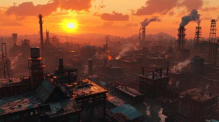 A sunset view over a steampunk factory city, showcasing future industrial design with power plants, metal structures, and concrete.
