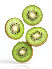Five Slices of Fresh Kiwi Fruit Floating on White Background