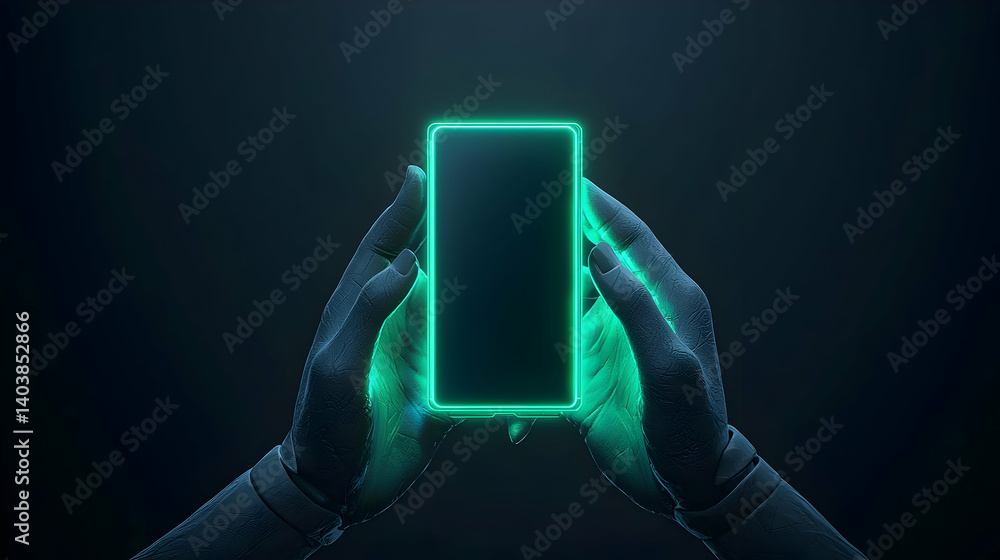 Poster hands holding glowing green rectangular screen digital interface in dark background