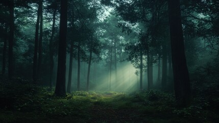 Obraz premium Mysterious Forest with Sunlight Breaking Through the Trees