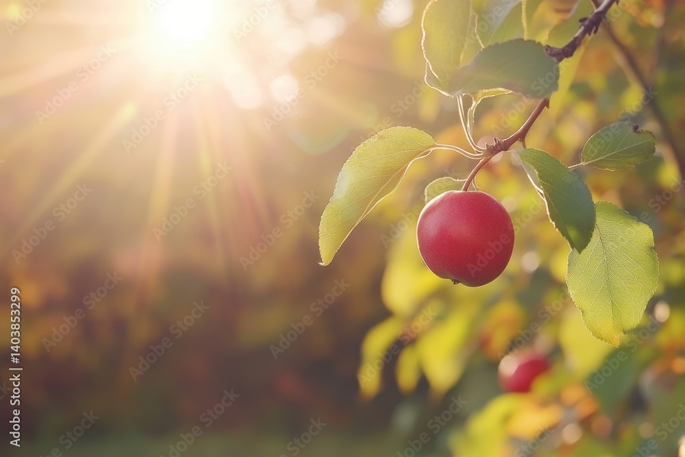 Poster sunlit apple on branch with vibrant leaves capturing the essence of autumn in a serene orchard setti