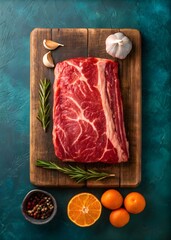 Raw Beef Steak on Wooden Cutting Board with Herbs and Spices