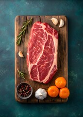 Raw Beef Steak on Wooden Cutting Board with Herbs and Spices