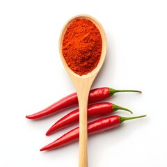 Vibrant Red Chili Powder and Fresh Chili Peppers in Wooden Spoon