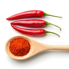 Vibrant Red Chili Peppers and Powder in Wooden Spoon A Spicy Culinary Image