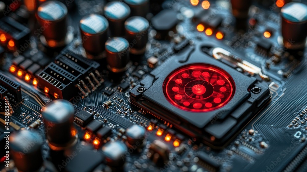Poster close-up of illuminated technological components on a circuit board, showcasing intricate details an