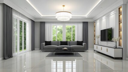 Modern Luxurious Living Room Design Sophisticated Interior with Grey Sofa and White Accents
