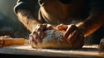 Fototapeta premium Skilled hands kneading dough in a rustic bakery setting.