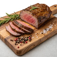 Juicy Sliced Beef Steak on Rustic Wooden Board Upscaled Photo