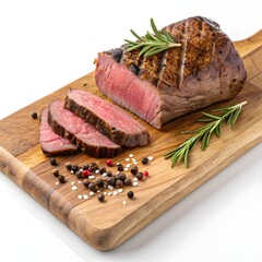 Juicy Sliced Beef Steak on Rustic Wooden Board