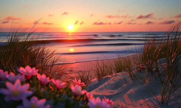 Serene sunset over a tranquil beach with blooming flowers in the foreground and gentle waves