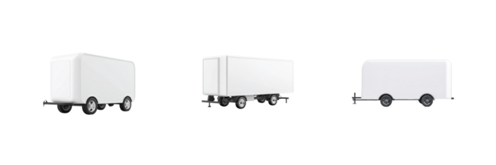 Three modern trailers with simple designs and compact forms positioned side by side