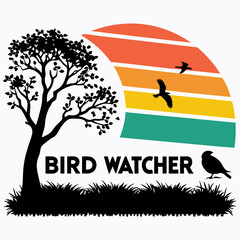 Retro Birdwatcher Silhouette Tree Birds Colorful Sunset Art