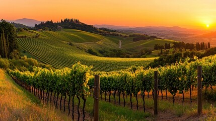 Fototapeta premium The Sun Sets Over a Picturesque Vineyard Landscape at Dusk