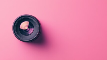 Professional camera lens on pink background with copy space for photography studio advertisement and creative content creation and marketing campaign