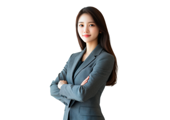 portrait, businesswoman, suit, confident, professional, asian, arms, crossed, gray, young, woman, corporate, korean, elegant, model, career, standing, serious, attire, white, background, stylish, succ
