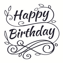 Hand-drawn Black and White Happy Birthday Calligraphy Swirls Leaves Design