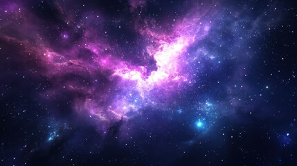 Naklejka premium Stunning cosmic scene with vibrant purple hues and distant stars illuminating the dark space, creating a mesmerizing galaxy view.