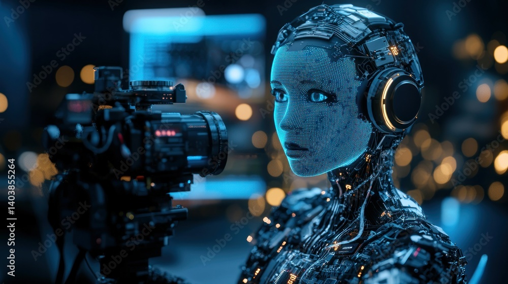 Aufkleber an artificial intelligence robot is using video equipment and looking forward