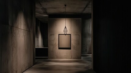 Obraz premium A modern concrete hallway illuminated by an elegant hanging light fixture