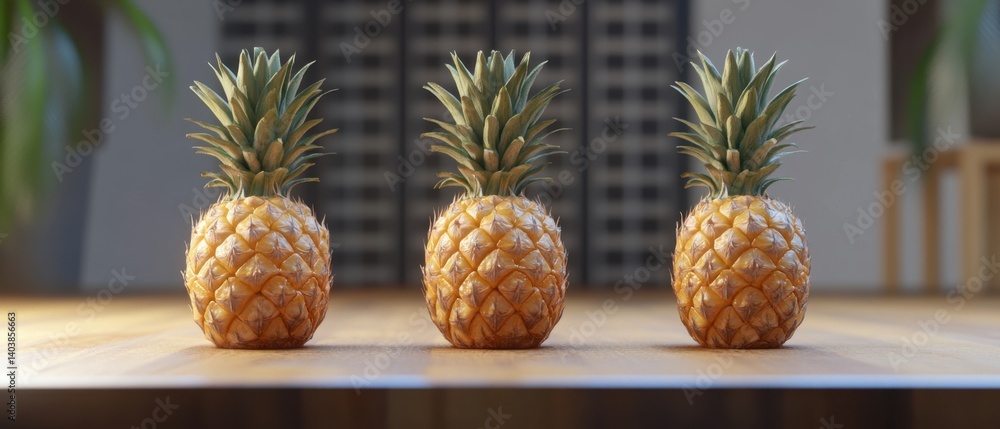 Poster three ripe pineapples aligned on a wooden surface creating a tropical vibe with a soft focus backgro