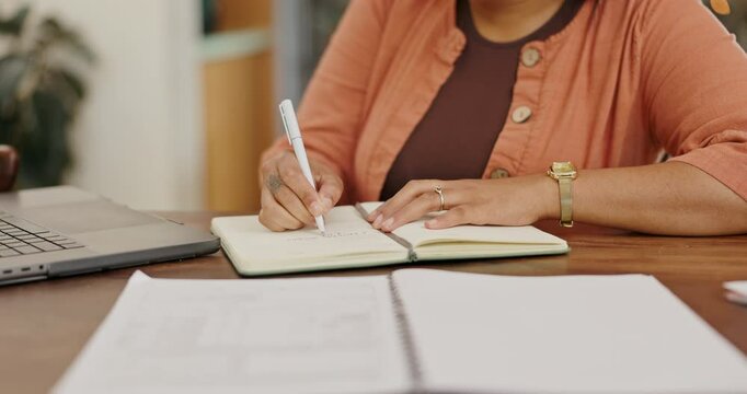 Remote work, laptop or woman hands writing in book for home office mind map, planning or idea inspiration closeup. Freelance, learning or entrepreneur with pc, search or notebook for upskill training