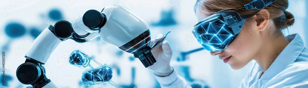 Poster a scientist using virtual reality technology with robotic arm microscope