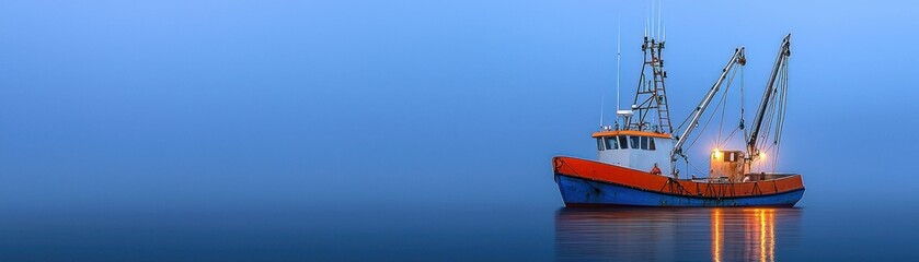 Fototapeta premium A colorful fishing boat floats calmly on the vast blue ocean