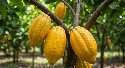 Ripe Yellow Cocoa Pods on Cacao Tree Branch - Plantation harvest, cocoa fruit, chocolate origin, tropical agriculture, ripe pods