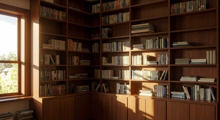 Obraz premium Sunlit Bookcase: Cozy Reading Room