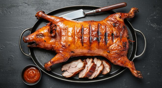 Roasted Suckling Pig on Dark Background - Delicious roasted suckling pig served on a dark tray with sliced meat and dipping sauce. Perfect for menus, food blogs, or culinary publications