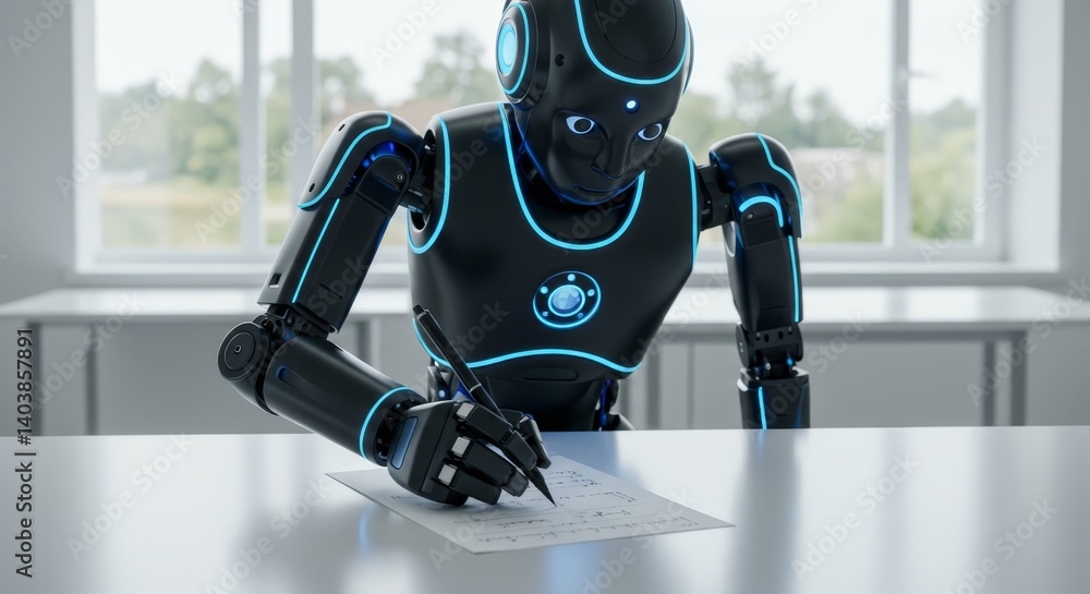 Poster robot completing paperwork - a futuristic robot meticulously fills out paperwork, showcasing advance