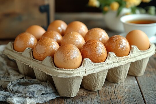Brown eggs in a cardboard carton on a wooden surface - Powered by Adobe