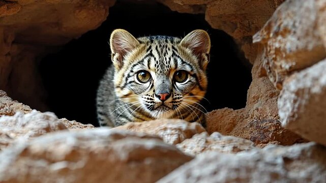 Adorable kodkod kitten peering from its rocky den, showcasing its captivating eyes and unique markings.