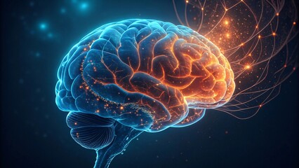 Digital Illustration of a Human Brain with Neural Activity Depicted in Blue and Orange Glows isolated on black background.